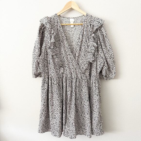 H&M | Floral Puff Sleeve Dress Ruffles black White Yellow Pink Cottagecore | XL - Picture 2 of 9